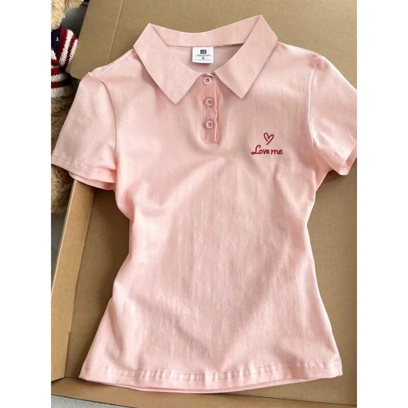 Korean-Style Sweet Pink Polo Collar Short-Sleeve T-Shirt for Women, Summer 2026 New Niche Design Slim-Fit Top Trendy