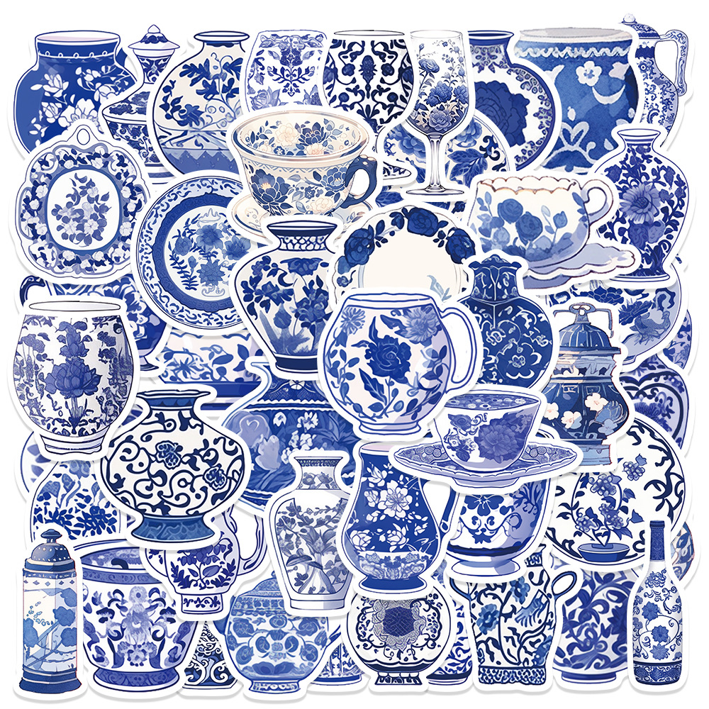 Blue and white porcelain sticker with velcro, laptop, suitcase, stickers