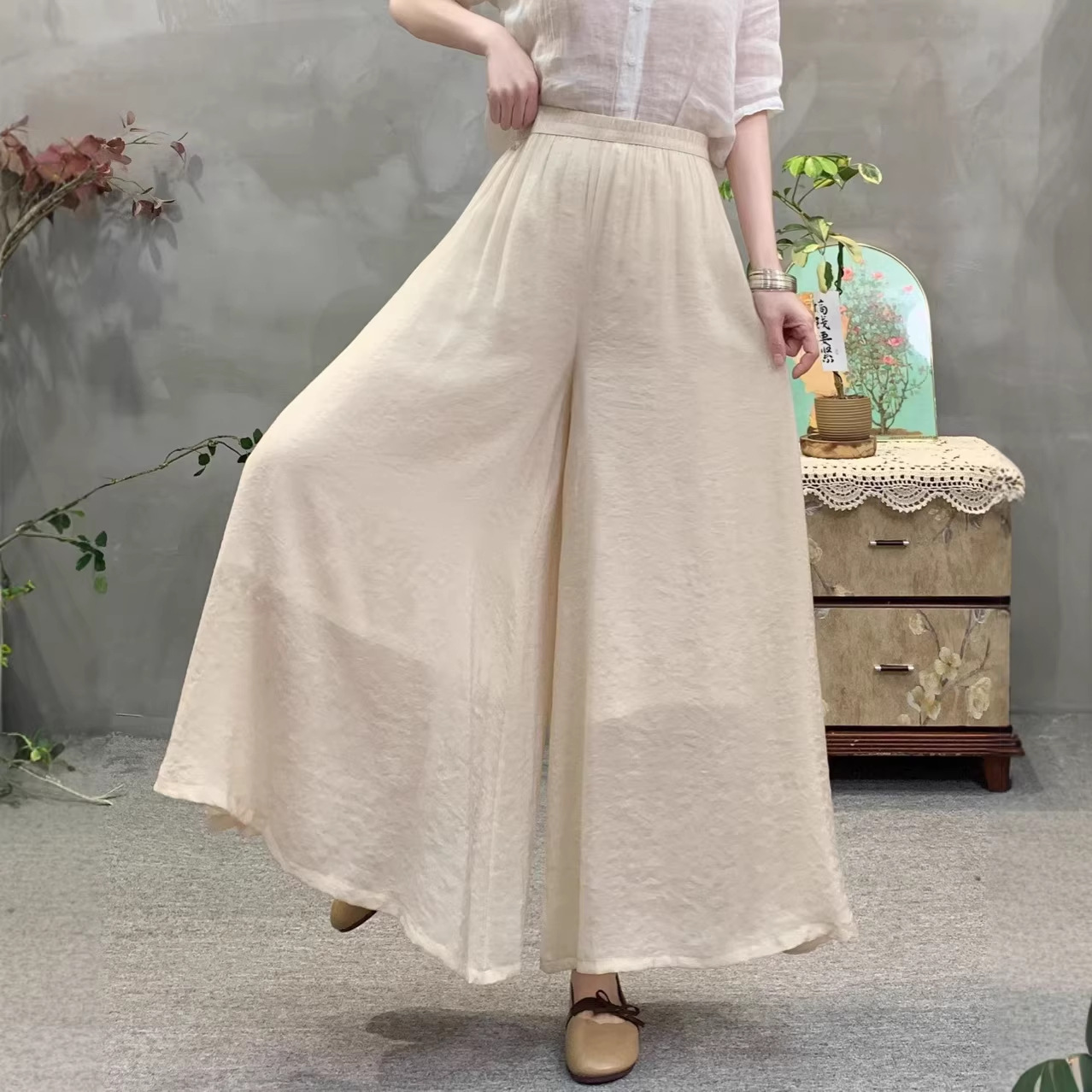 Spring and Summer New Style Casual Double-Layer Wide-Leg Pants, Loose Solid Color Rayon and Linen Double-Layer Simple Casual Pants