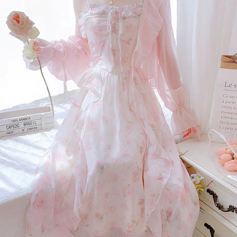 Cross-Border Trendy Sweet Chiffon Floral Long Dress 2026 New French Style Pink Suspender Dress Two-Piece Set for Women Summer