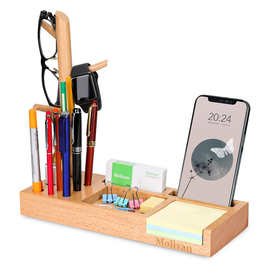 办公桌笔筒收纳盒实木桌面收纳盘多功能手机支架木质名片夹便签盒