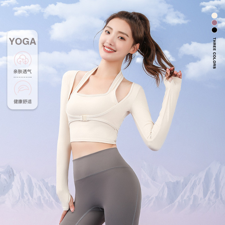 Trendy Halter Neck Long-Sleeve Sports Top with Fake Two-Piece Design, Integrated Buckle Chest Pad, Push-Up Fitness Yoga Wear for Women Trendy Halter Neck Long-Sleeve Sports Top with Fake Two-Piece Design, Integrated Buckle Chest Pad, Push-Up Fitness Yoga Wear for Women