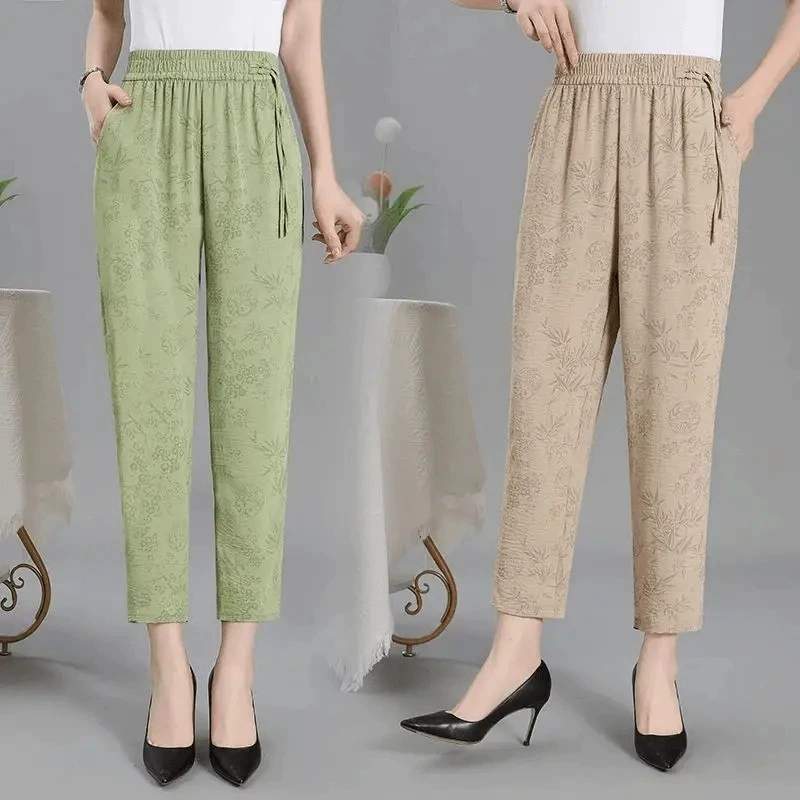 [Летний новый] Новые китайские брюки женские харуны редька брюки маленькие укороченные брюки свободные мамы среднего возраста брюки