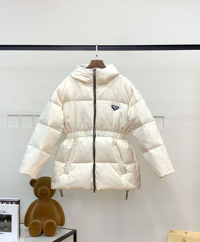 2025pra三角标秋冬新款收腰连帽羽绒服女中长款时尚白色气质外套|undefined
