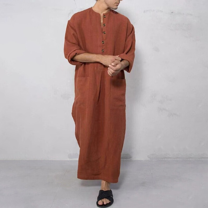 Foreign Trade Amazon Traditional Style Men's Solid Color Robe, Loose Fit, Stand Collar, Long Sleeves, Casual Daily Wear, Jumpsuit with Pockets Foreign Trade Amazon Traditional Style Men's Solid Color Robe, Loose Fit, Stand Collar, Long Sleeves, Casual Daily Wear, Jumpsuit with Pockets