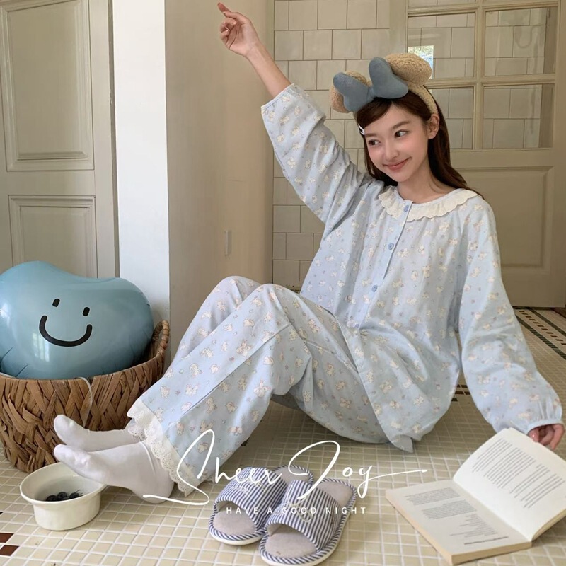 Sweet lace long-sleeve pajamas for women, double-layer gauze thin cardigan home wear set, cute print, loose fit for spring and autumn