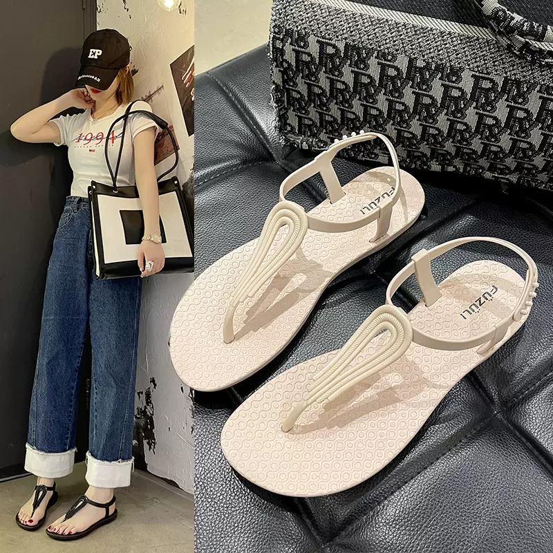夏季新款女士一字带凉鞋 罗马时尚平底凉鞋 休闲海边沙滩凉鞋女