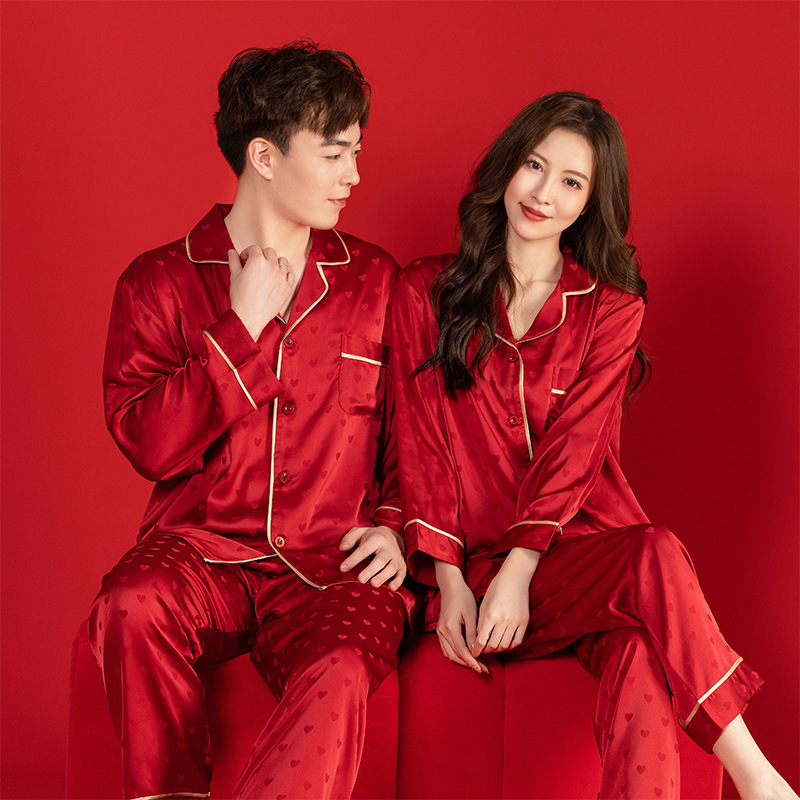 New Red Wedding Couple Pajamas Spring Autumn Summer Ice Silk Long-Sleeved Dressing Gown Bride's Zodiac Year Home Wear Set New Red Wedding Couple Pajamas Spring Autumn Summer Ice Silk Long-Sleeved Dressing Gown Bride's Zodiac Year Home Wear Set