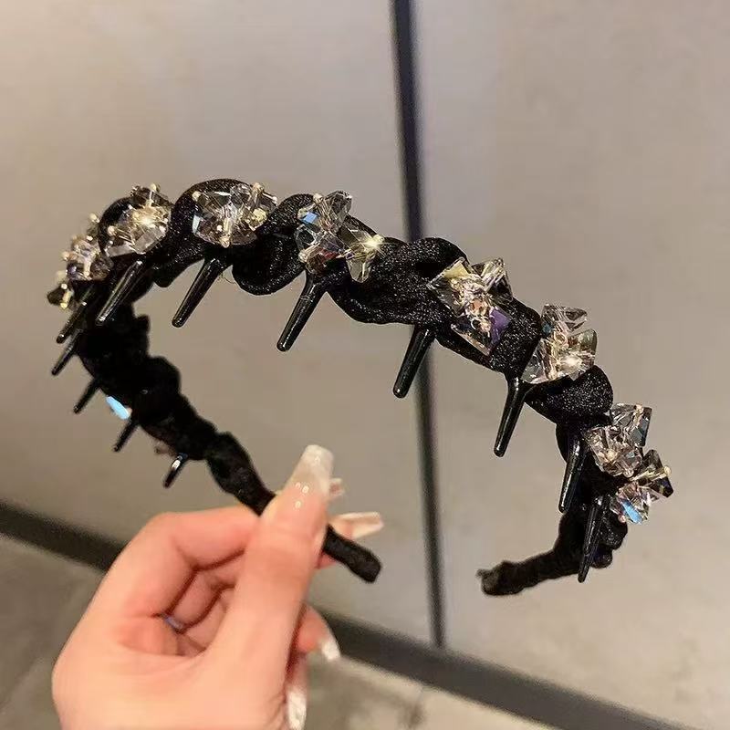 軽奢風新作ラインストーンウェーブネットレッドヘアバンド滑り止めヘアピンおしゃれで上品なヘアフープ歯付きヘアブラシで髪を整えるレインボー|undefined