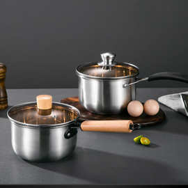 跨境不锈钢奶锅家用辅食锅木柄加厚汤煮锅多功能锅奶锅牛奶锅蒸锅