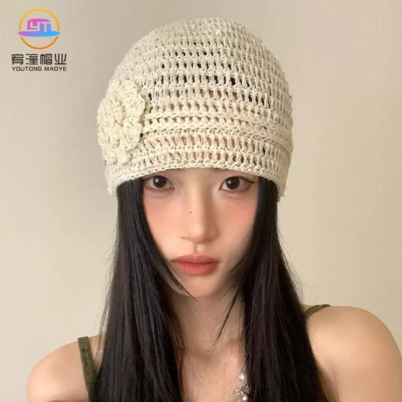 女春夏季休闲女士帽子细闪花朵百搭针织包头帽护耳保暖显脸小帽子