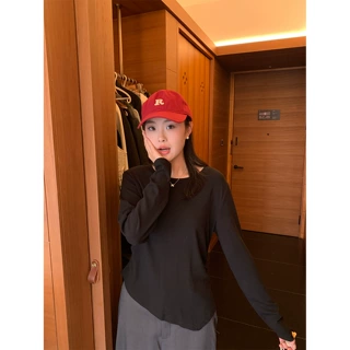 大码女装性感露肩长袖T恤女小众设计罩衫不规则下摆开叉微透上衣