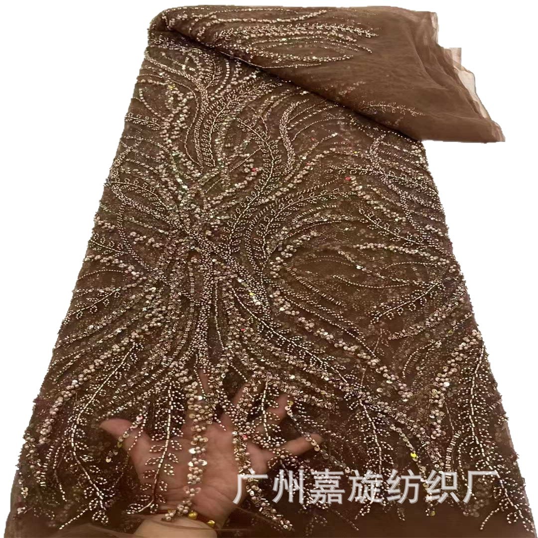 Encaje francés moda hoja vid lentejuelas cuentas tubo bordado tela de encaje vestido de novia francés falda tela image 6