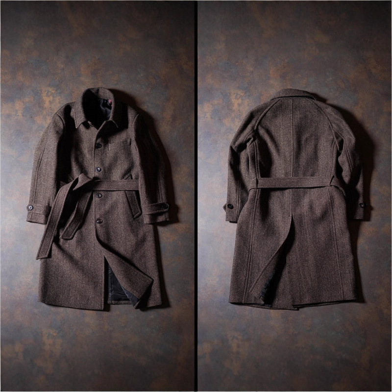 Cross-Border Export Factory Direct Sales Retro Herringbone Tweed Men's Windbreaker Coat Wool Long Coat Winter