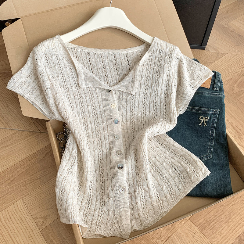 French Casual Style Hollow-Out Short-Sleeve Knit Cardigan for Women, New Summer Korean Design Versatile Thin T-Shirt Top French Casual Style Hollow-Out Short-Sleeve Knit Cardigan for Women, New Summer Korean Design Versatile Thin T-Shirt Top