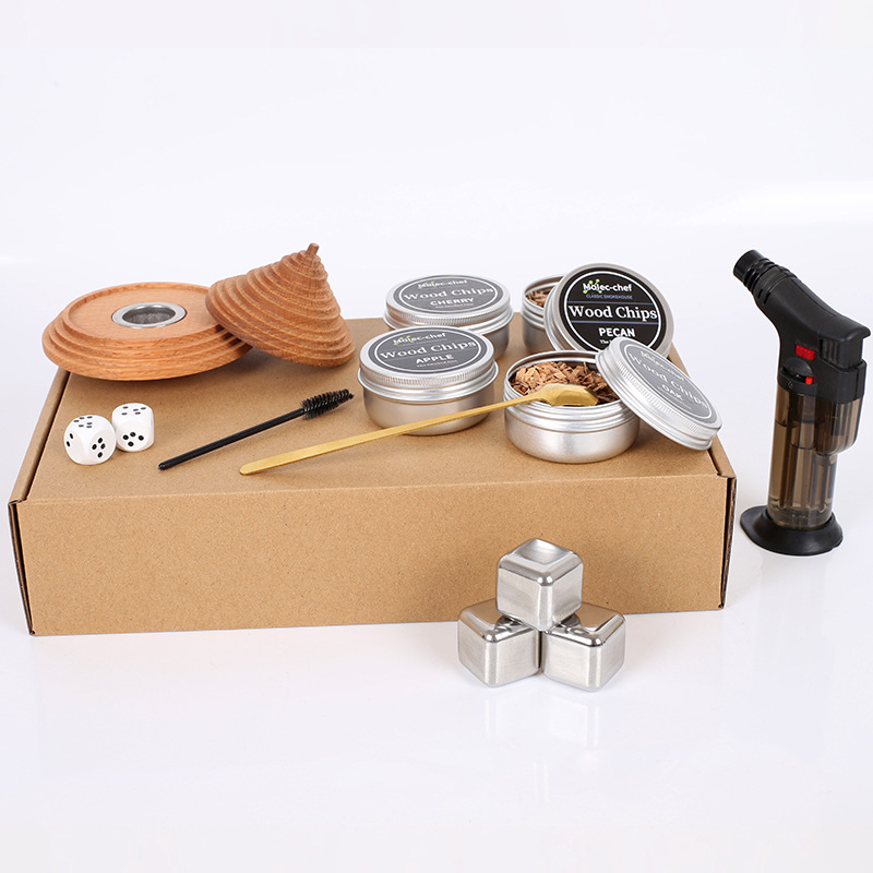Cóctel de madera de comercio exterior transfronterizo tapa de ahumador mezclador de whisky personalizado juego completo de ahumado de madera
