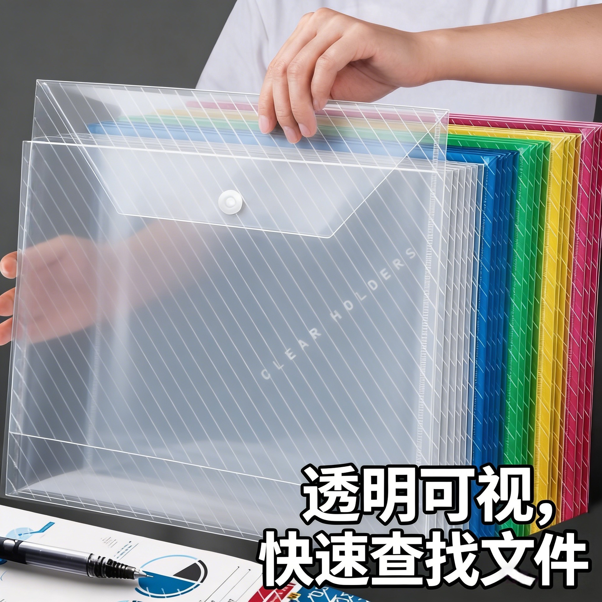 加厚文件袋透明A4斜纹按扣袋资料档案袋彩色文件袋办公文件收纳袋