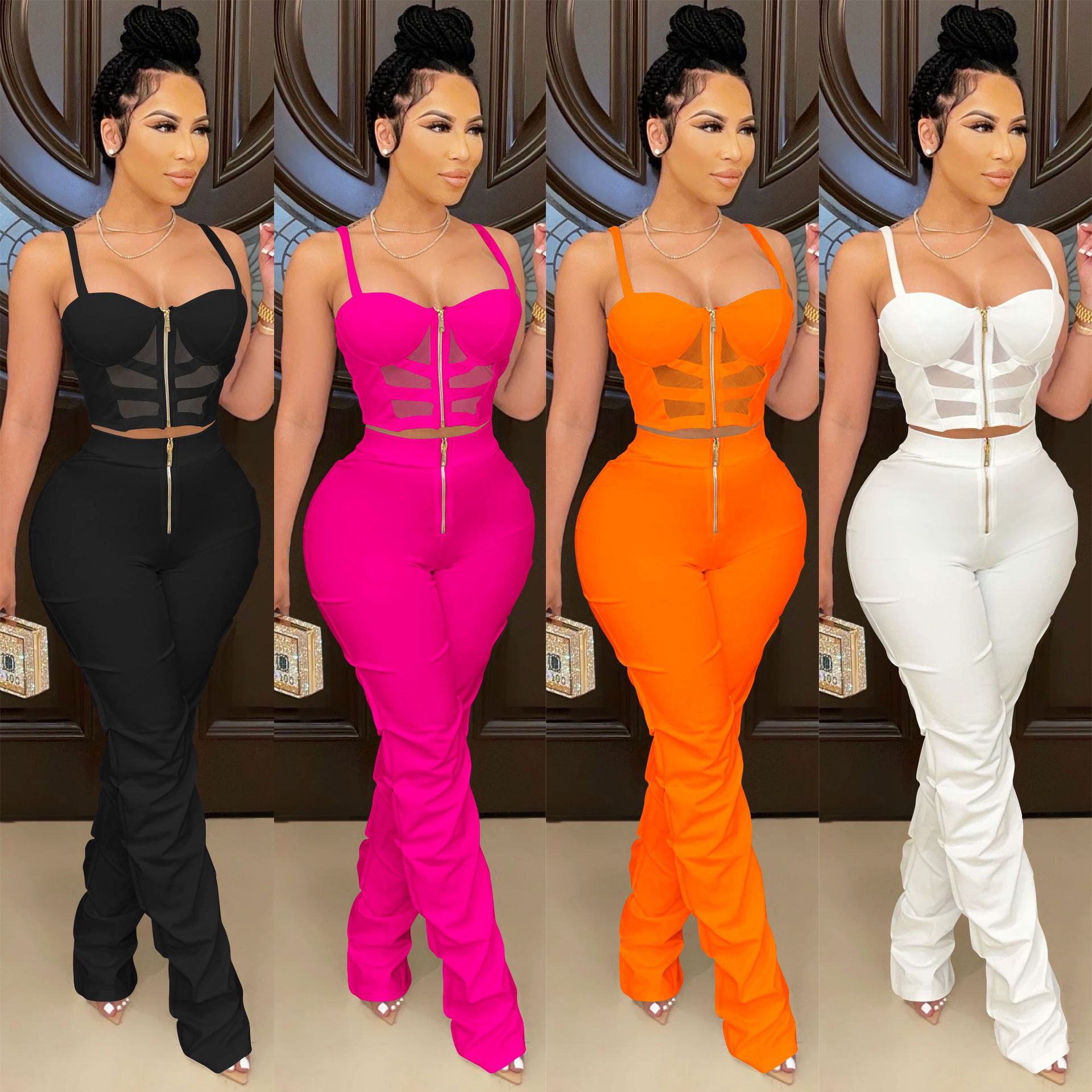 X5215 AliExpress Amazon Ebay color sólido sexy camisola de las mujeres envuelto pecho cremallera chaleco pantalones de dos piezas conjunto