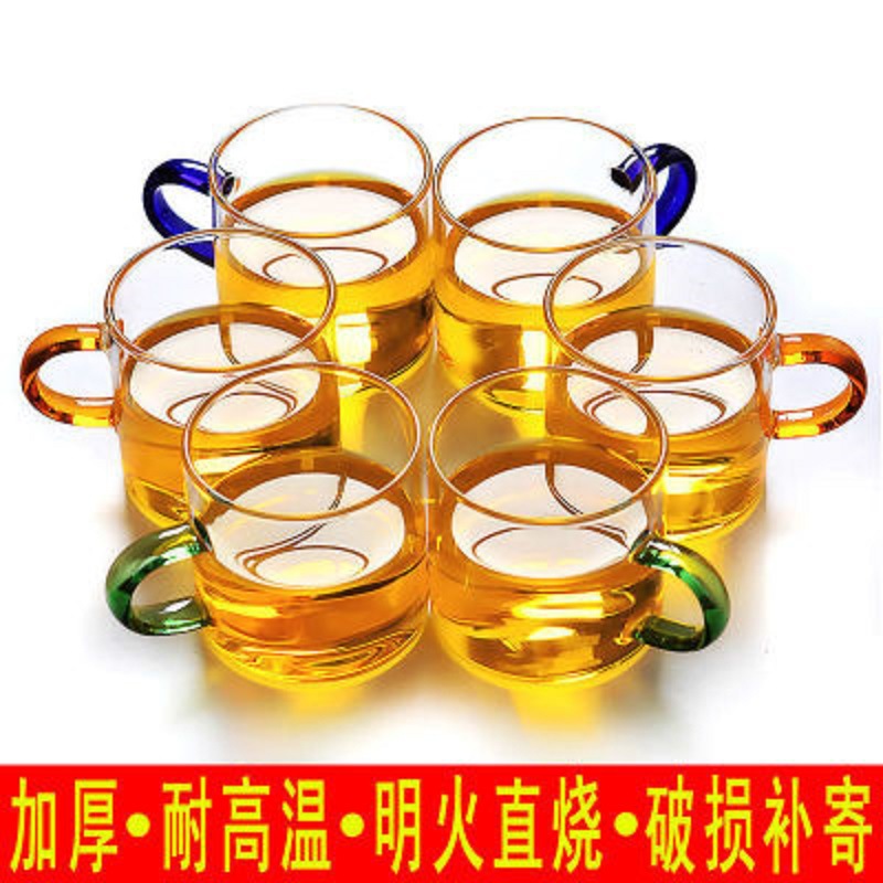 Venta al por mayor de vidrio borosilicato pequeña taza de té mango de color taza de vidrio con mango taza de té de Kung Fu transparente
