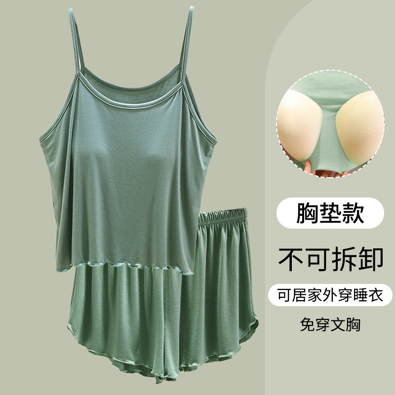 Modal suspender shorts pajamas with chest pad suit women's summer thin loose vest sleeveless home wear two pieces