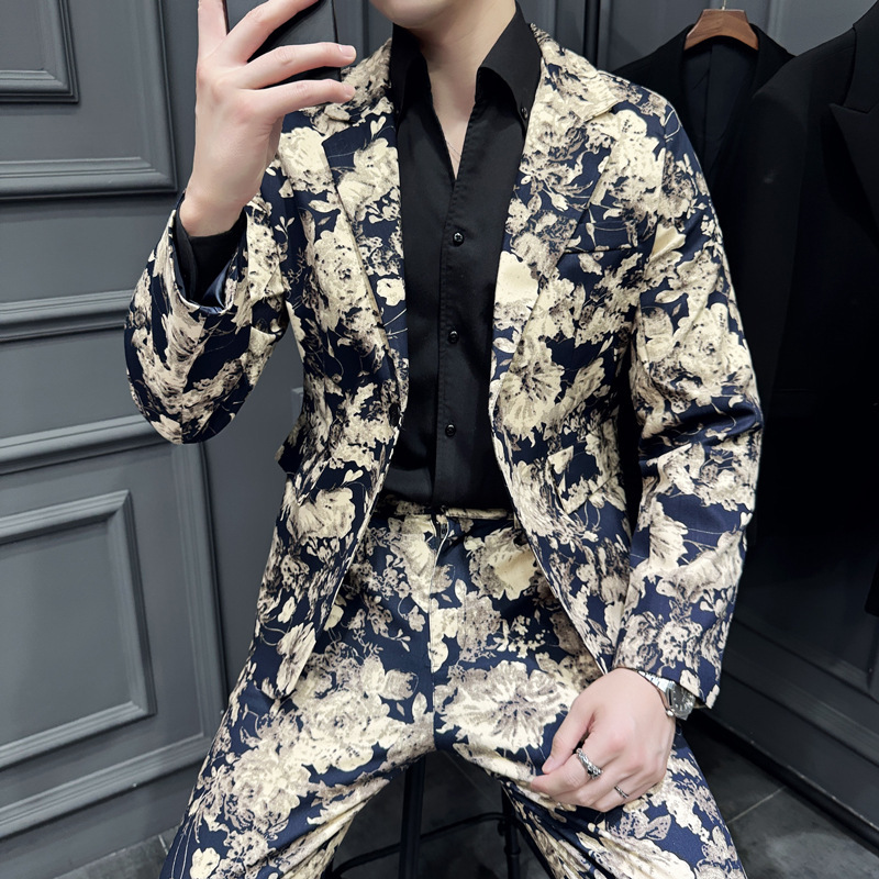 Cross-border foreign trade new men's fine cotton stretch printed suit suit fashion casual suit two-piece set