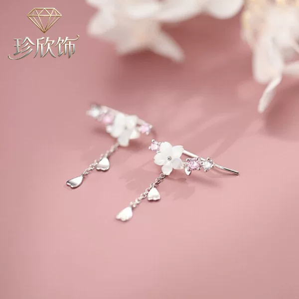 Korean Style Silver Needle Shell Flower Ear Bone Earrings Elegant Internet Celebrity Fashion Ear Stud Tassel Ear Drop Fairy Style