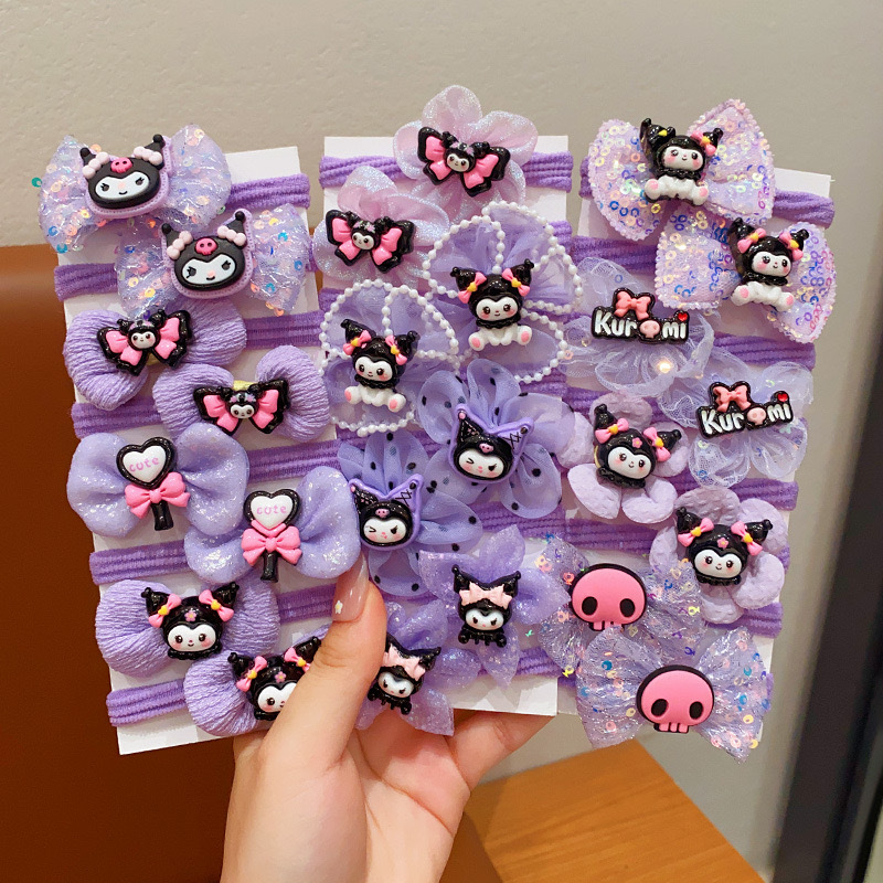 Anillo de toalla de color púrpura para niños de dibujos animados lindos bolas de cabeza de caballo cola de cabello corda de cabello de la niña arco elástico