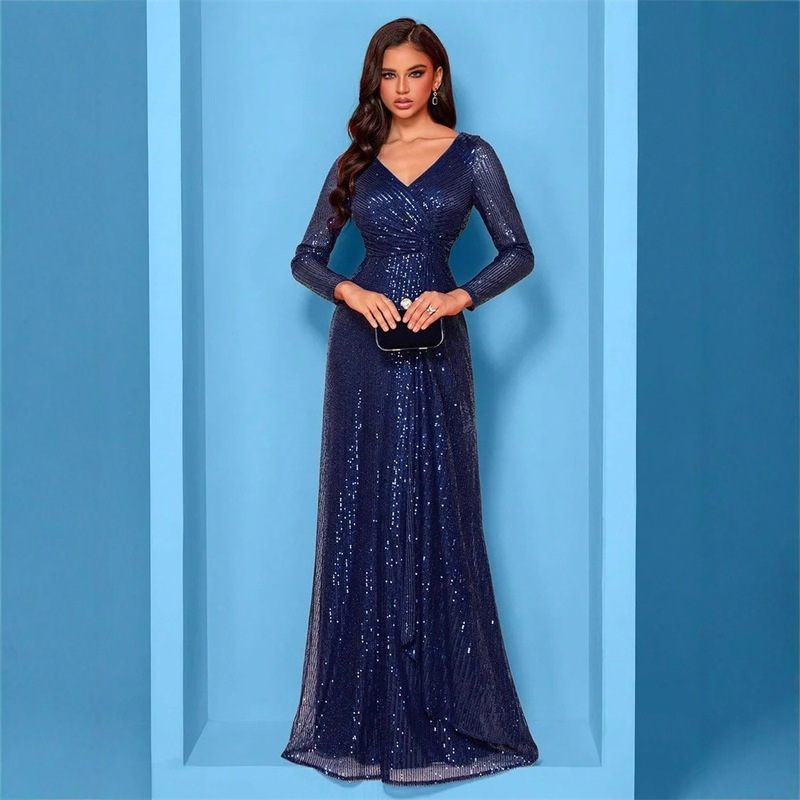 Luxurious Blue Long-Sleeved V Neck Sequin Evening Dress, Elegant Wedding Party Guest Prom Bridesmaid Cocktail Dress Luxurious Blue Long-Sleeved V Neck Sequin Evening Dress, Elegant Wedding Party Guest Prom Bridesmaid Cocktail Dress