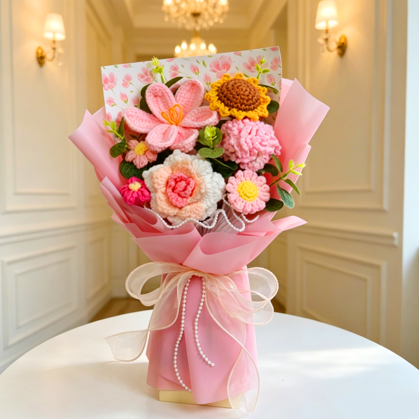 Productos transfronterizos acabados de lana tejido flores hechas a mano girasol trenzado regalos de vacaciones decoración flores falsas al por mayor