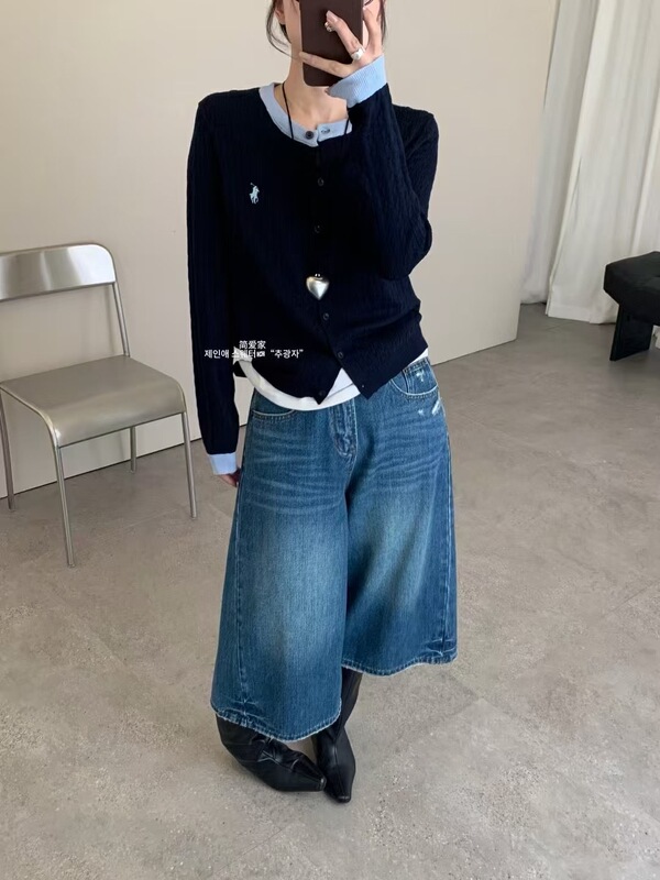 春秋新款假两件针织开衫女装圆领刺绣扭花小香风外套拼色毛衣上衣|undefined