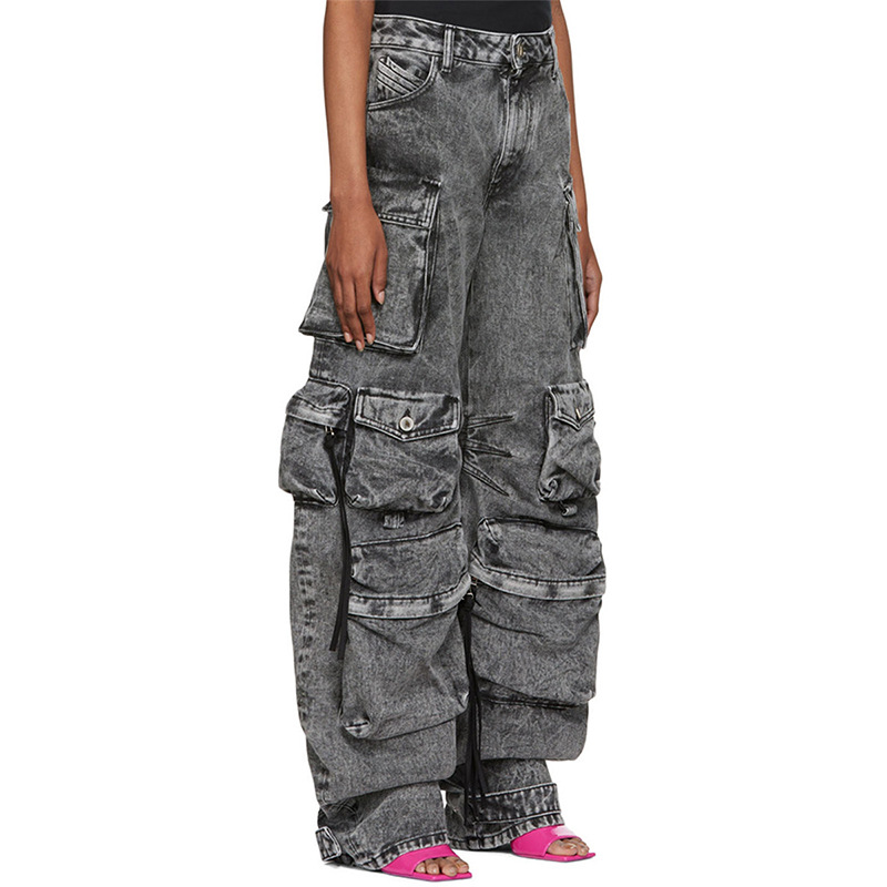 Damenbekleidung Frühling und Herbst Neue Mode Rauchgrau Spleißen Multi Pocket Overalls Street Washed Distressed Lange Hose mit weitem Bein_voghion.com