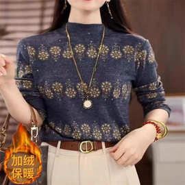 妈妈秋冬新款T恤加绒加厚打底衫圆领大码中老年内搭长袖保暖秋衣