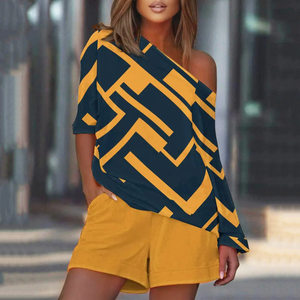 product - wholesale Summer Printed Diagonal Collar Long Sleeve Casual Loose Outfit Women - 12