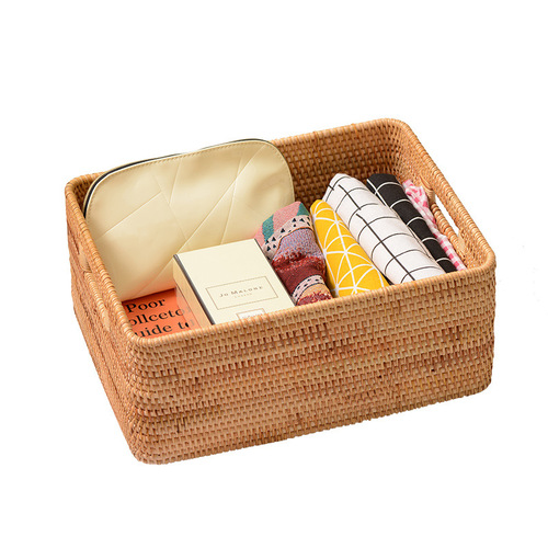 Vietnamese autumn rattan storage basket hand-woven storage basket desktop book storage basket square storage box three-piece set
