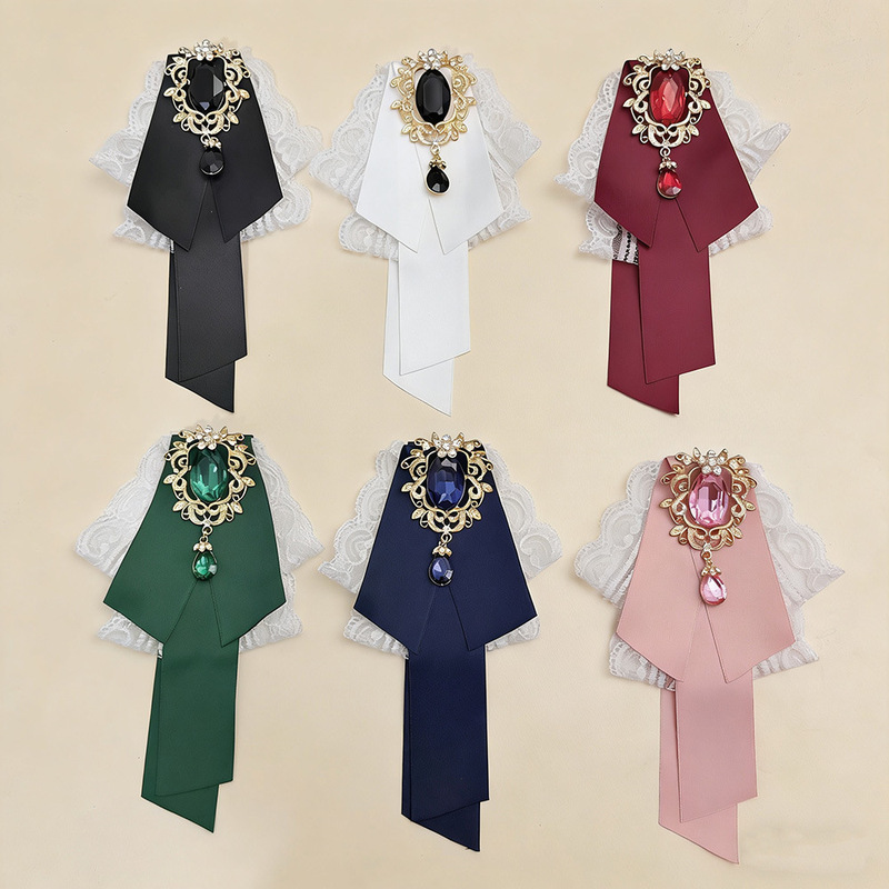 Korean-Style Bow Tie Brooch, British-Style Rhinestone Alloy Accessory, Lace Texture Shirt Formal Wear Collar Bow Pin