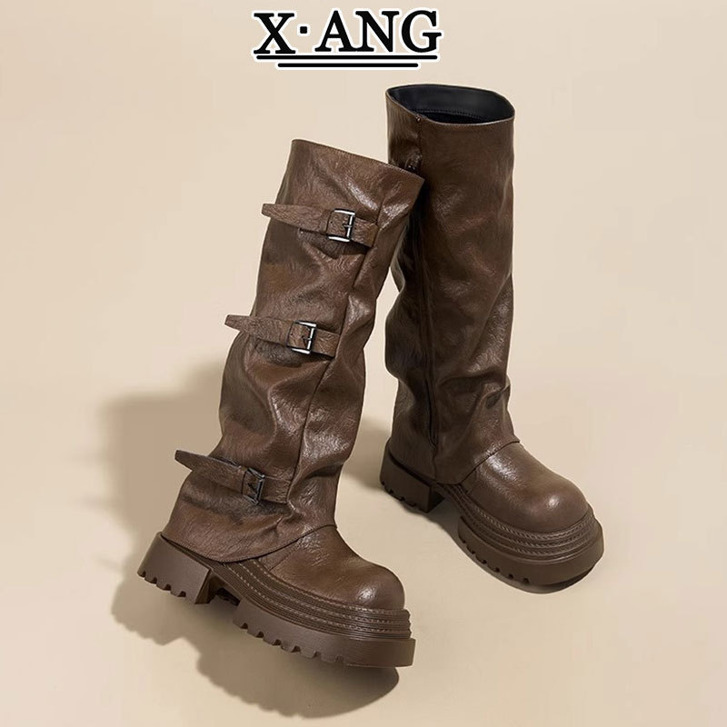 不过膝真皮高筒靴子女堆堆靴裤管靴厚底增高小个子骑士靴粗跟长靴|undefined