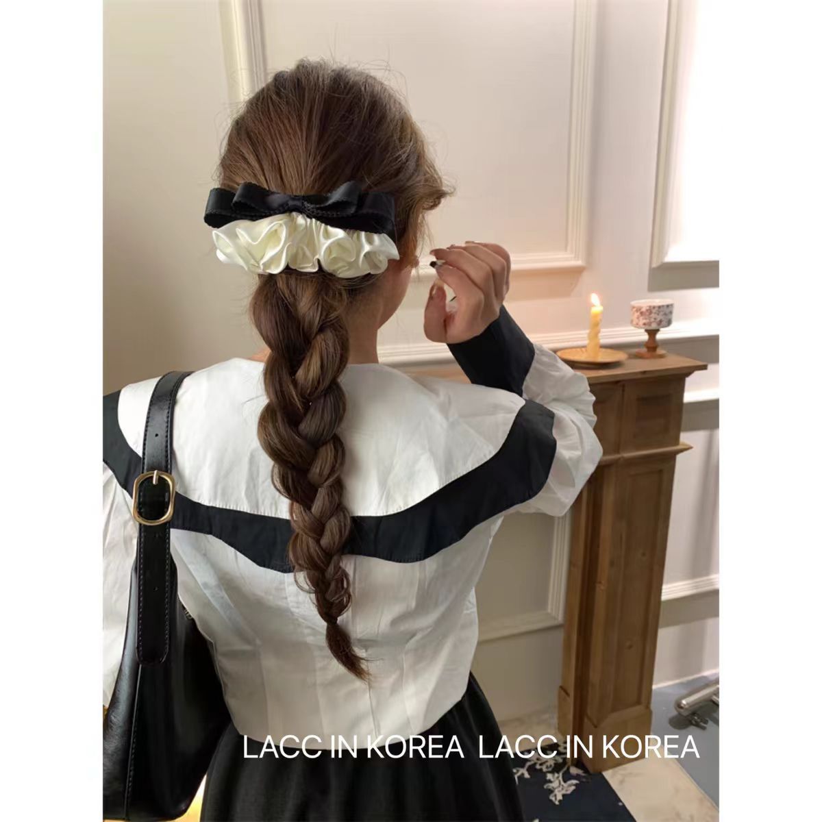 Französischer Retro-Haarclip mit Rüschenrand und Schleife, voluminös, süß, vertikal, hochwertig._voghion.com