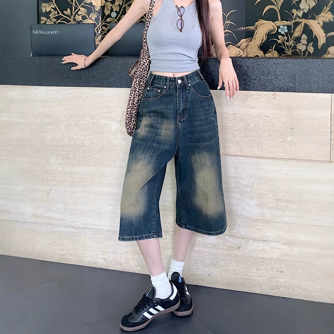 Укороченные джинсовые шорты больших размеров для женщин, летние, в винтажном американском стиле, свободные, утягивающие, с высокой талией, прямые, широкие шорты средней длины.