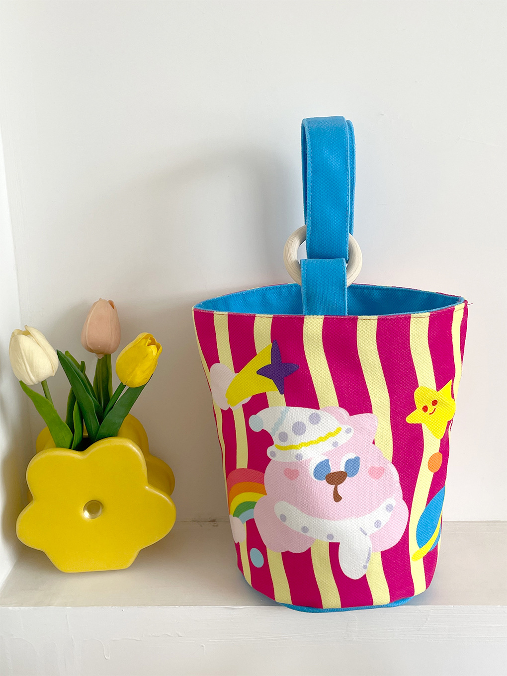 Lindo color de contraste de dibujos animados cubo bolsa de almuerzo portátil bolsa de trabajo lonchera bolsa portátil momia bolsa de mano que lleva bolsa de lona para las mujeres