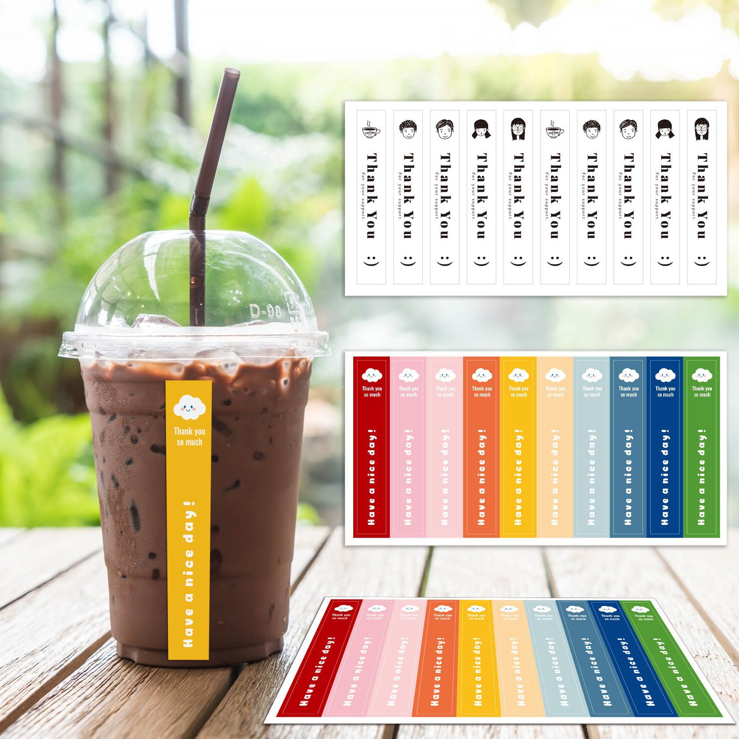 彩色饮料瓶贴纸黑色长方形谢谢贴纸礼盒封口贴水杯罐子奶茶装饰