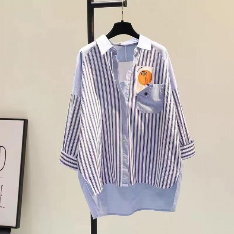 Blue Vertical Striped Color-Blocked Mid-Length Shirt for Women, 2026 Spring New Style, Single Pocket Casual Shirt Top