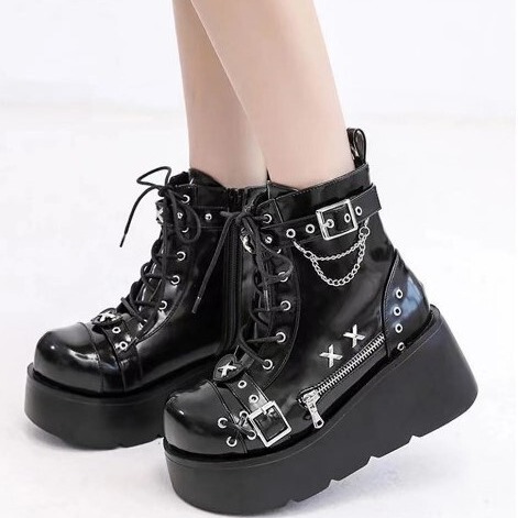 Night Knight Original Martin boots hot girl thick-soled round-toe super cool ankle boots buckle decorative lace-up Martin boots