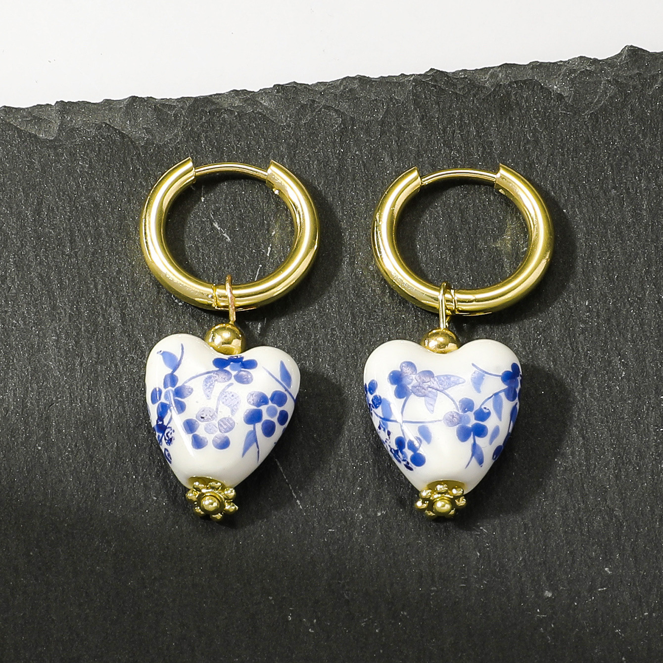 1 Pair Chinoiserie Retro Heart Shape Flower 304 Stainless Steel Ceramics Drop Earrings display picture 2