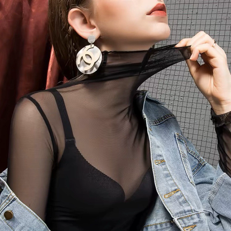 Женская новая водолазка 2024, прозрачная сетчатая нижняя рубашка, женский свитер в западном стиле, внутренний кружевной пряжи, топ с длинными рукавами