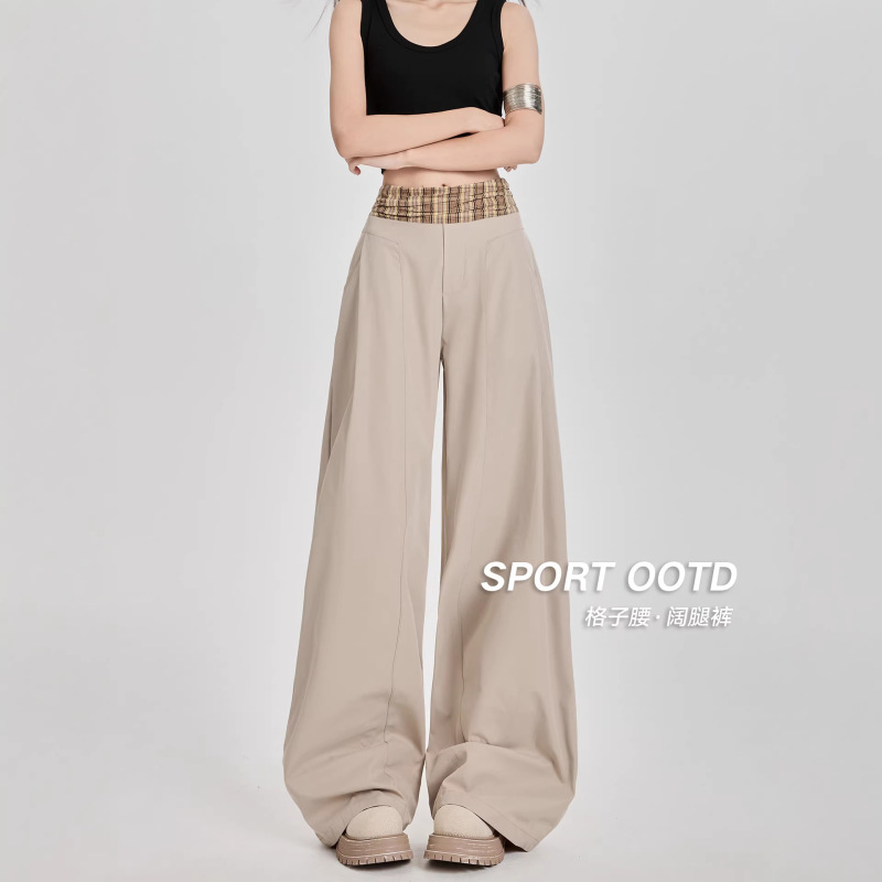 American Retro Brown Waistband Patchwork Plaid Casual Pants for Women, Autumn and Winter Lazy Style Loose Wide-Leg Trousers American Retro Brown Waistband Patchwork Plaid Casual Pants for Women, Autumn and Winter Lazy Style Loose Wide-Leg Trousers