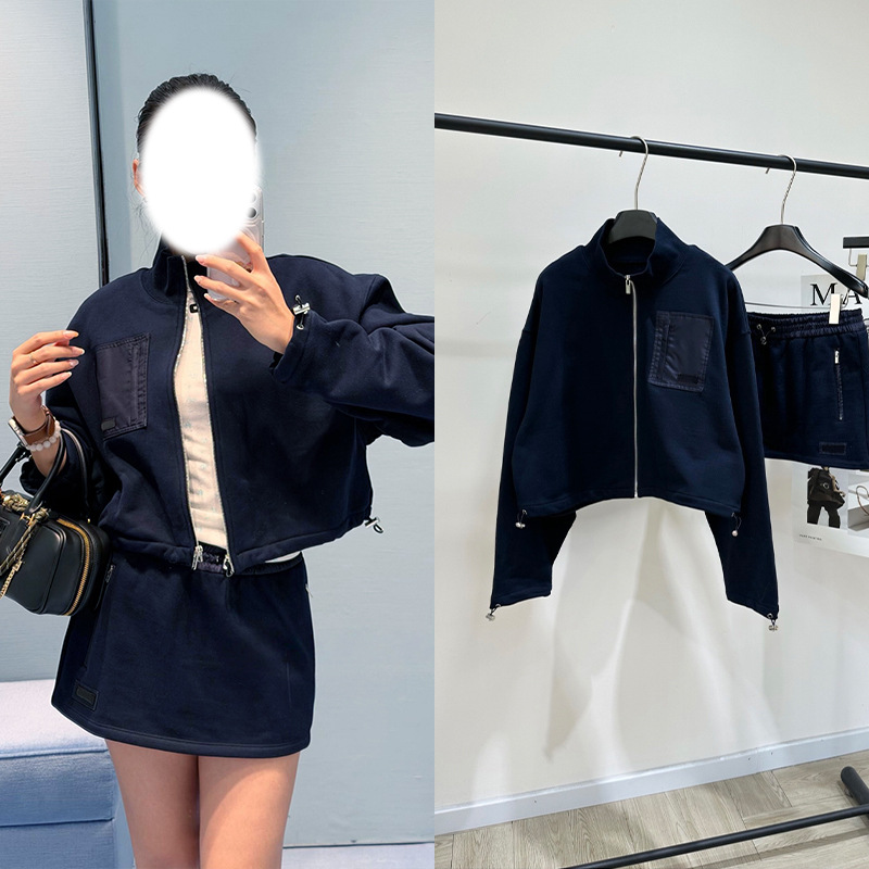 2025 Autumn and Winter Navy Blue Single Pocket Letter Logo Zipper Sports Jacket Double Pocket Elastic Waist Skirt Women's Top