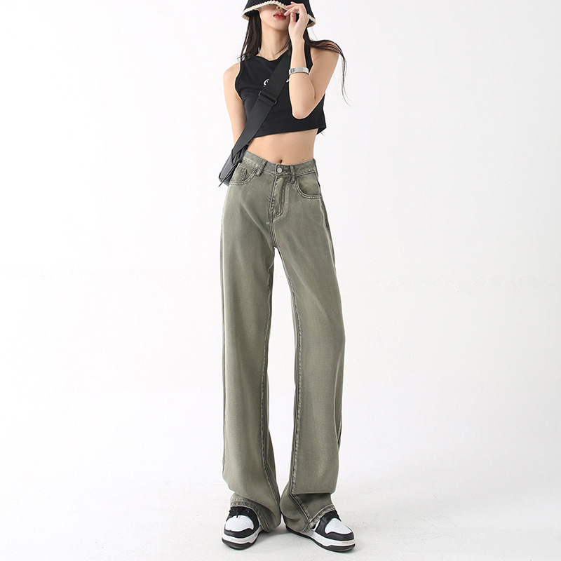 Retro green Tencel wide-leg mopping jeans women's summer thin draping summer loose ice silk straight pants fashion Retro green Tencel wide-leg mopping jeans women's summer thin draping summer loose ice silk straight pants fashion