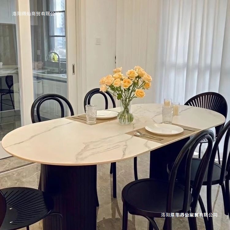 Modern Simple Black Oval Dining Table for Home Small Apartment Restaurant Light Luxury Internet Celebrity Style Cream Style Slate Dining Table