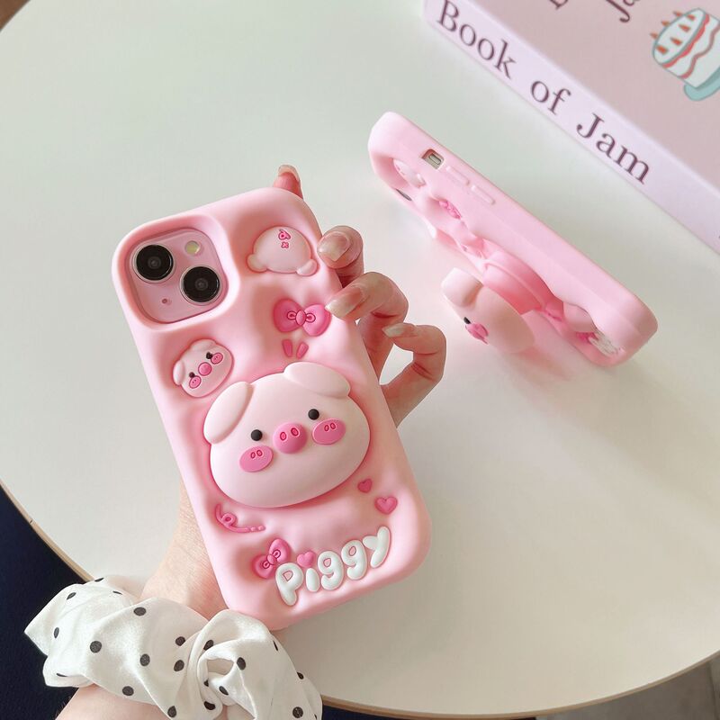 Bracket Big Head Pig Apple 13/14 Mobile Phone Case iPhone15Promax Three-Dimensional 12Pro Drop-Resistant 11 Full Edge Covered