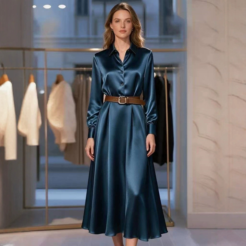 European and American cross-border foreign trade autumn women's clothing, solid color faux silk European and American style long-sleeve, collared, waist-cinching, mid-length dress European and American cross-border foreign trade autumn women's clothing, solid color faux silk European and American style long-sleeve, collared, waist-cinching, mid-length dress